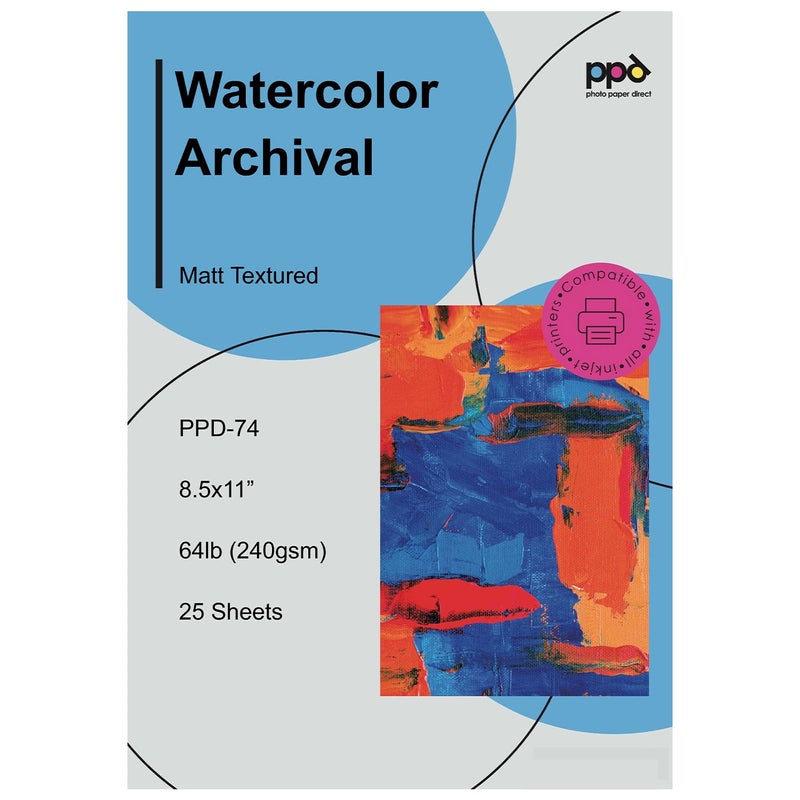 PPD Watercolor Printer & Printable Fine Art Paper for Inkjet Printer, Textured Giclee Archival Acid Free Paper 8.5 x 11, Professional Grade, Heavyweight 240 gsm/64 lb (25 Sheets)` - Image 1